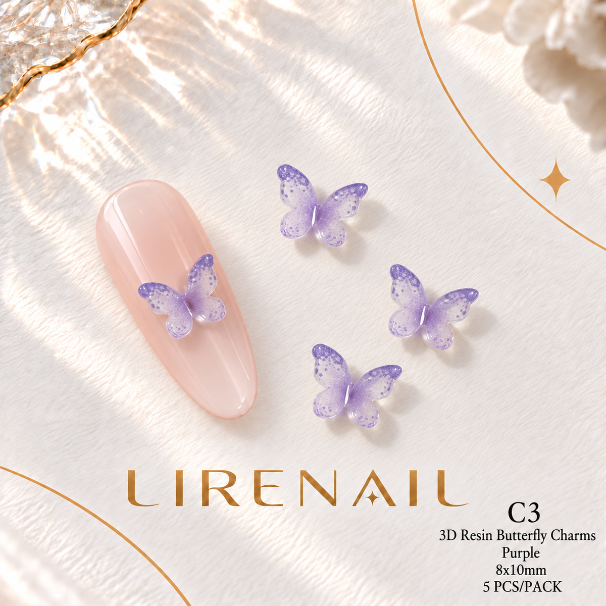3D Resin Butterfly Nail Charms – Resin & Rhinestone Styles, 5 Pcs – 3D Resin – Purple 8x10mm