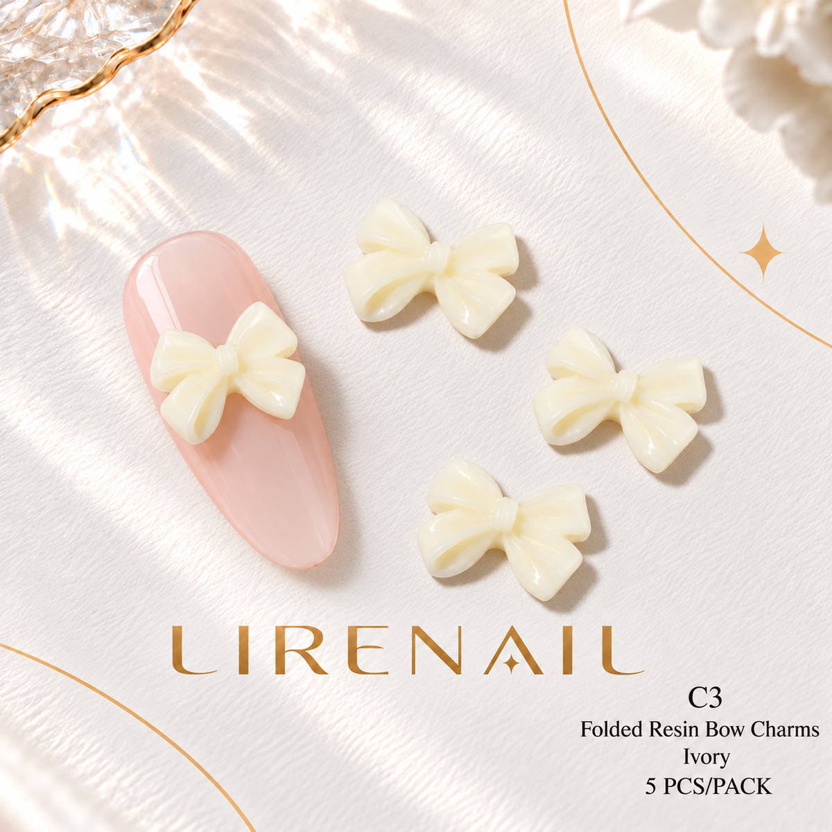 Resin Bow Nail Charms – Folded & Satin Ribbon Styles, 5 Pcs – Folded – Ivory