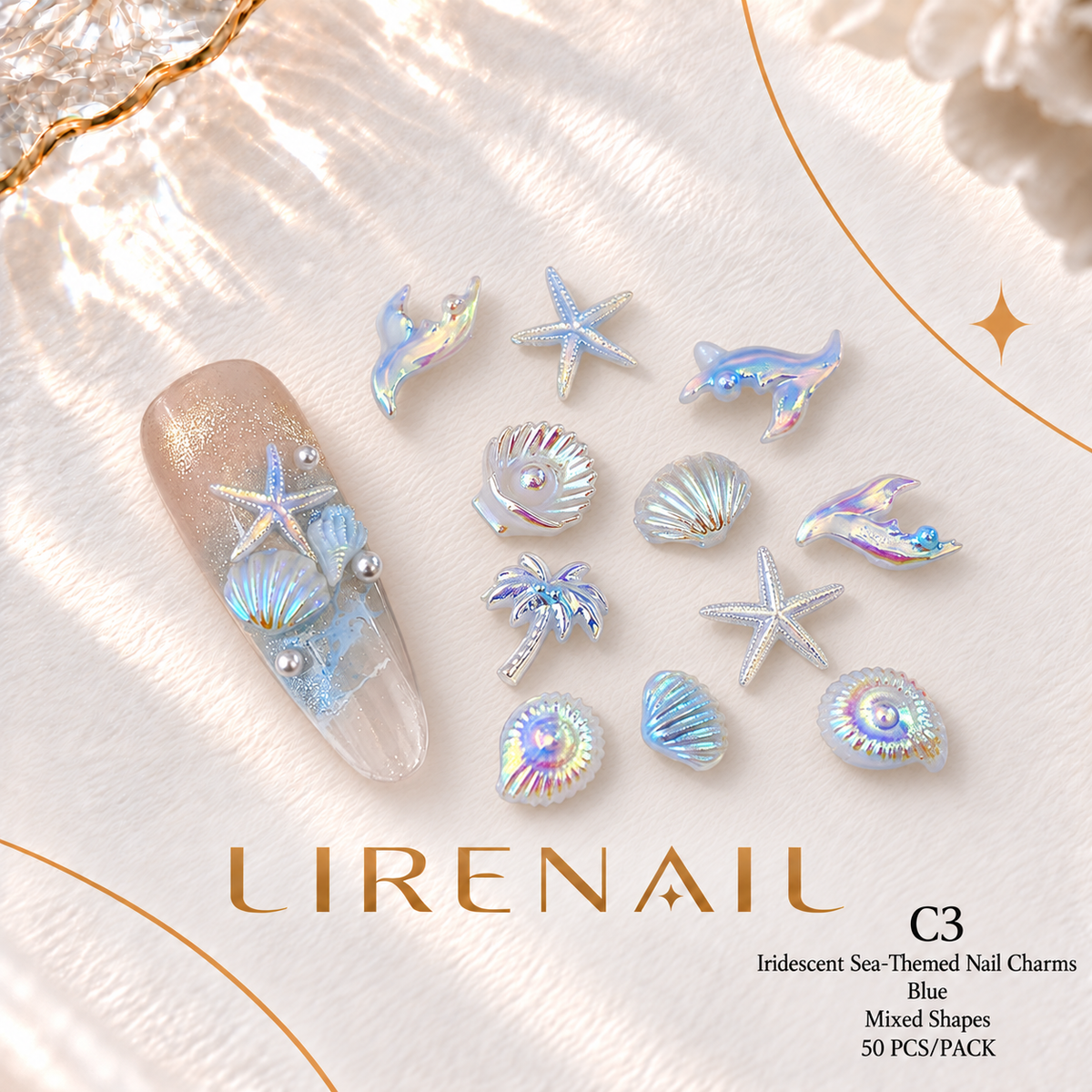 Iridescent Sea-Themed Nail Charms – Mixed Shapes, 50 Pcs – Blue