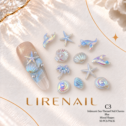 Iridescent Sea-Themed Nail Charms – Mixed Shapes, 50 Pcs – Blue