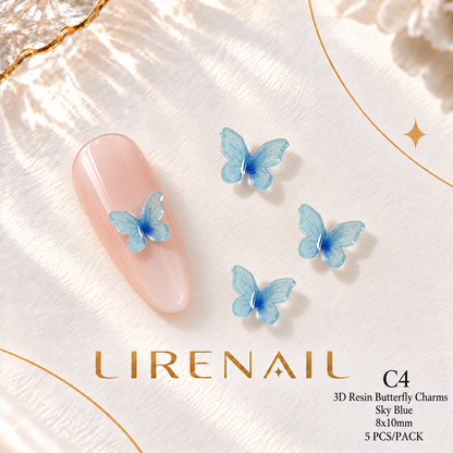 3D Resin Butterfly Nail Charms – Resin & Rhinestone Styles, 5 Pcs – 3D Resin – Sky Blue 8x10mm