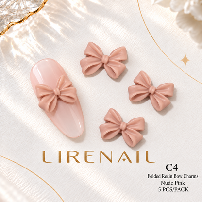Resin Bow Nail Charms – Folded & Satin Ribbon Styles, 5 Pcs – Folded – Nude Pink
