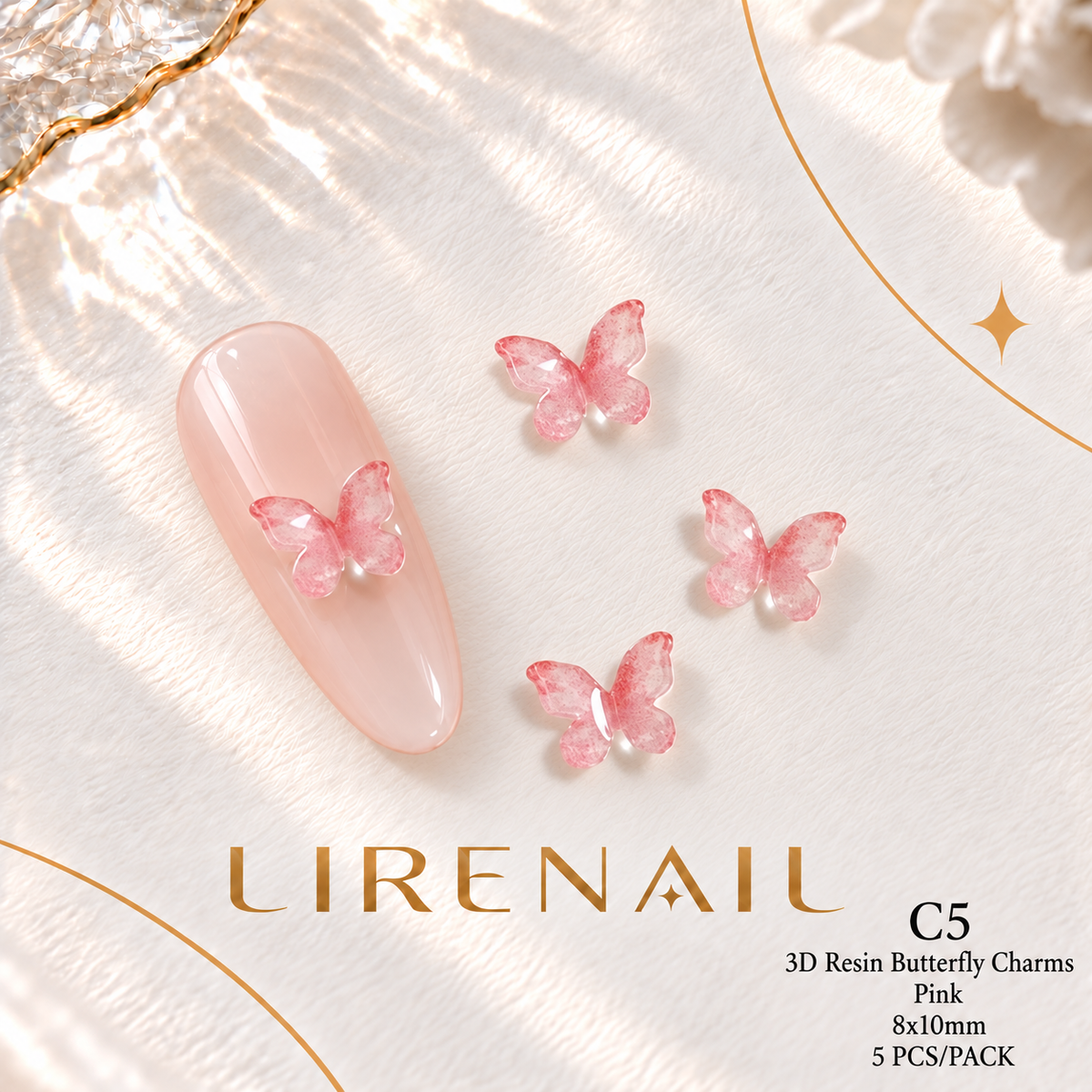 3D Resin Butterfly Nail Charms – Resin & Rhinestone Styles, 5 Pcs – 3D Resin – Pink 8x10mm
