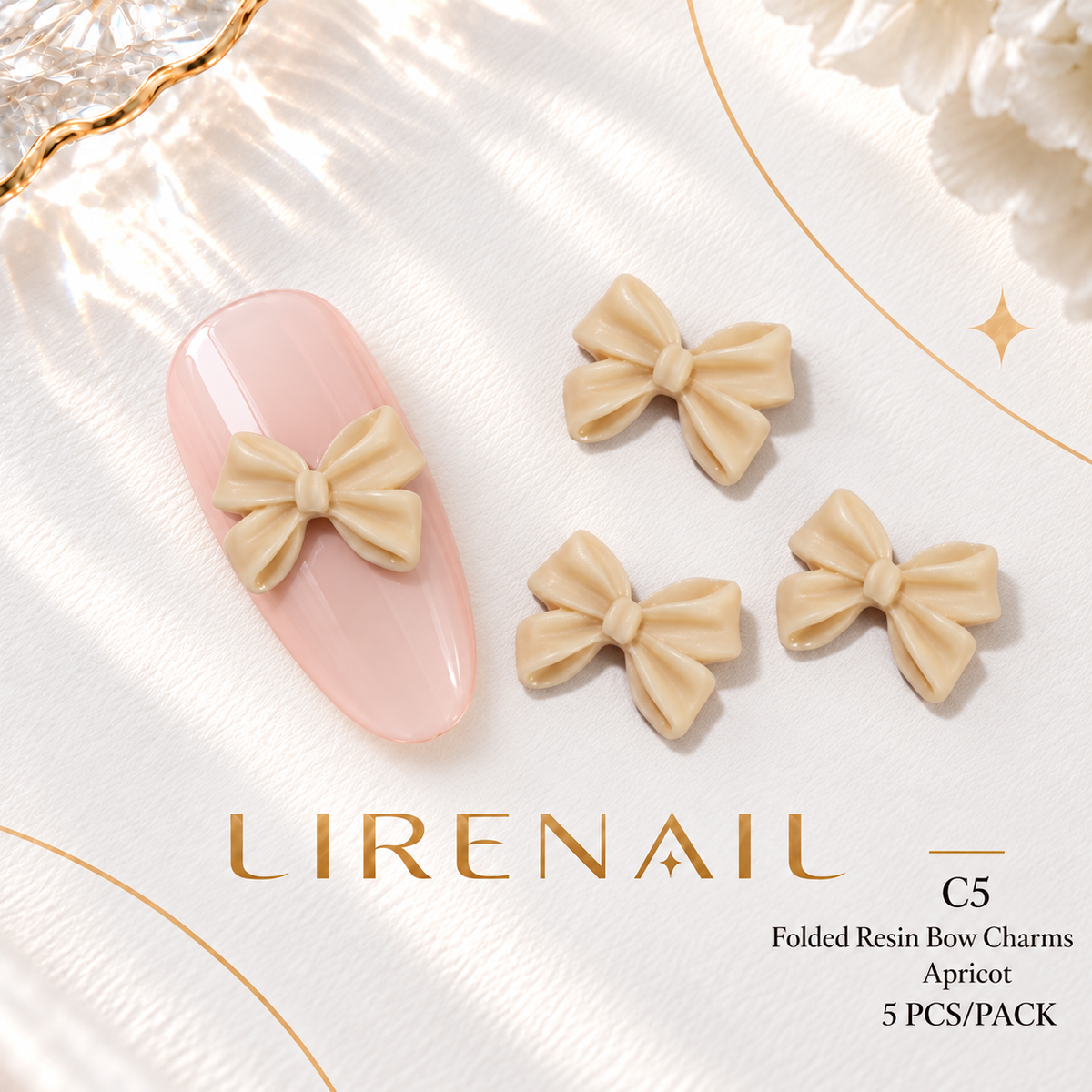 Resin Bow Nail Charms – Folded & Satin Ribbon Styles, 5 Pcs – Folded – Apricot