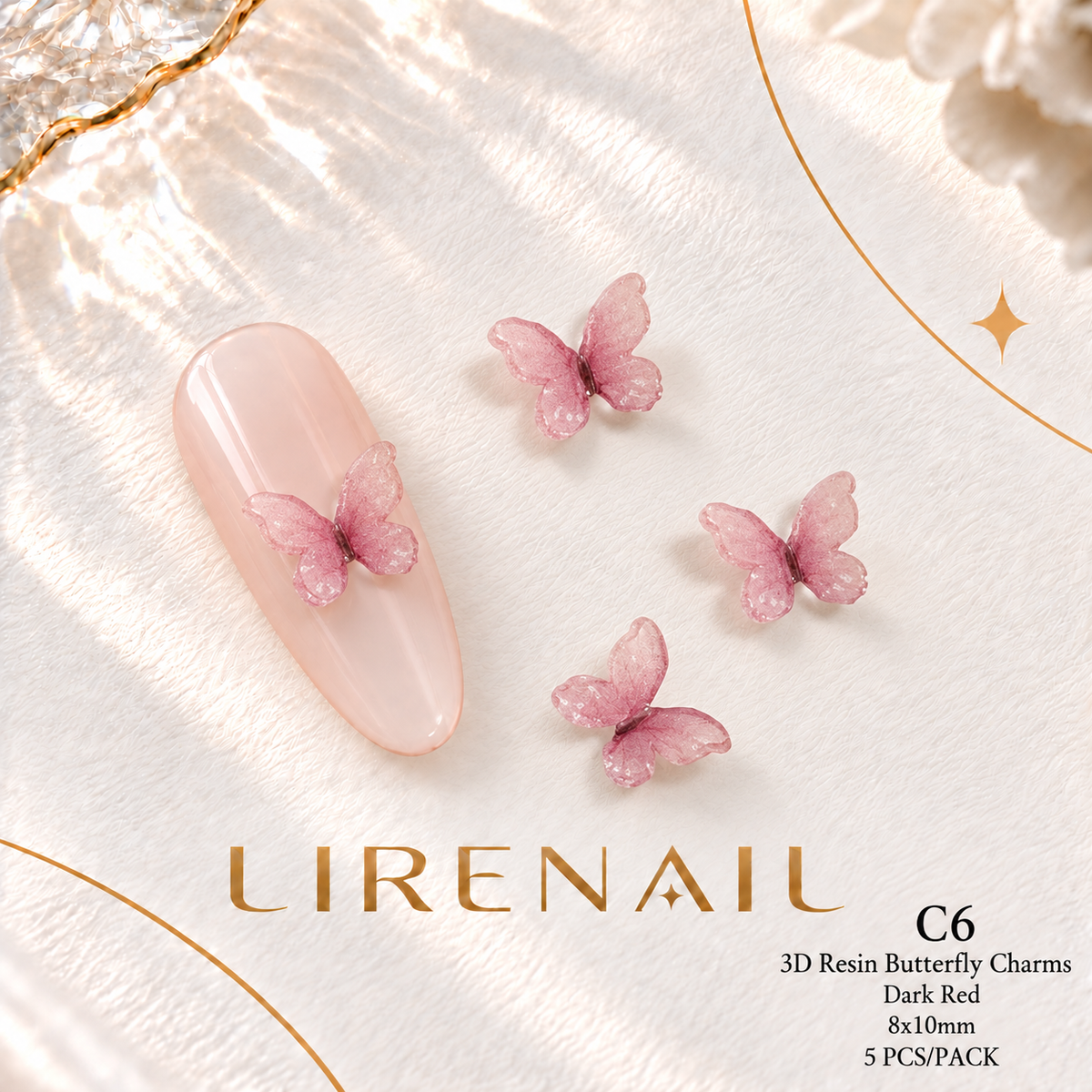 3D Resin Butterfly Nail Charms – Resin & Rhinestone Styles, 5 Pcs – 3D Resin – Dark Red 8x10mm