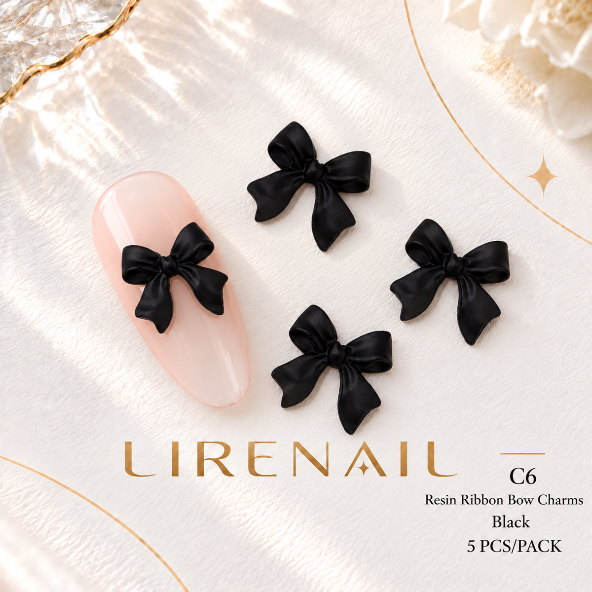 Resin Bow Nail Charms – Folded & Satin Ribbon Styles, 5 Pcs – Ribbon – Black