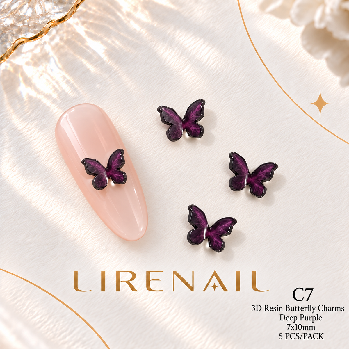 3D Resin Butterfly Nail Charms – Resin & Rhinestone Styles, 5 Pcs – 3D Resin – Deep Purple 7x10mm