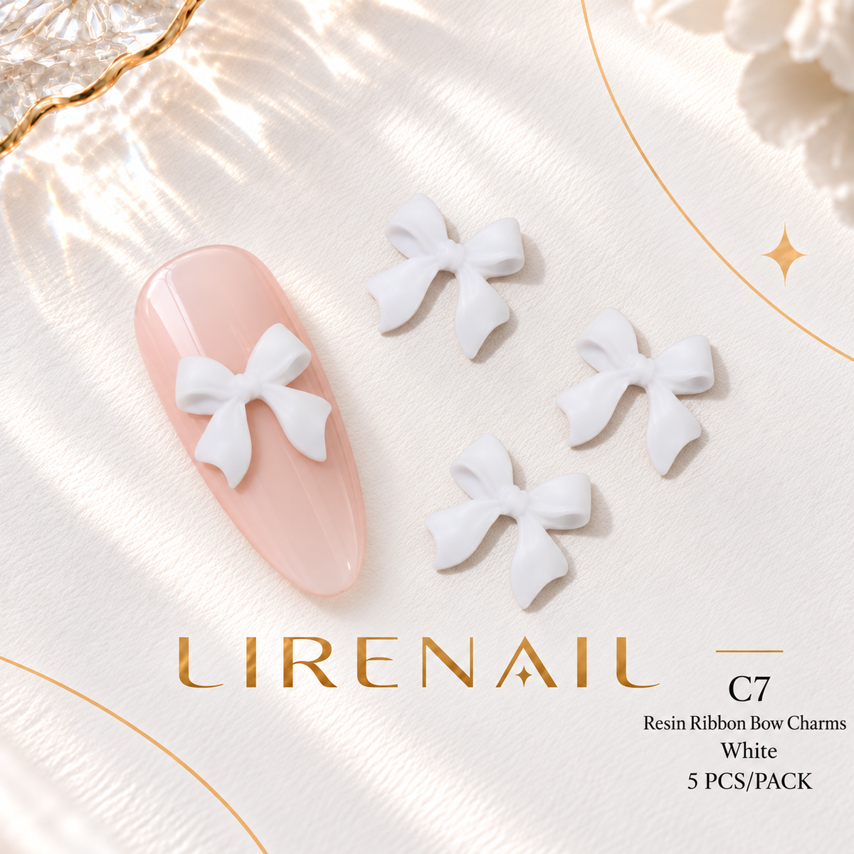 Resin Bow Nail Charms – Folded & Satin Ribbon Styles, 5 Pcs – Ribbon – White