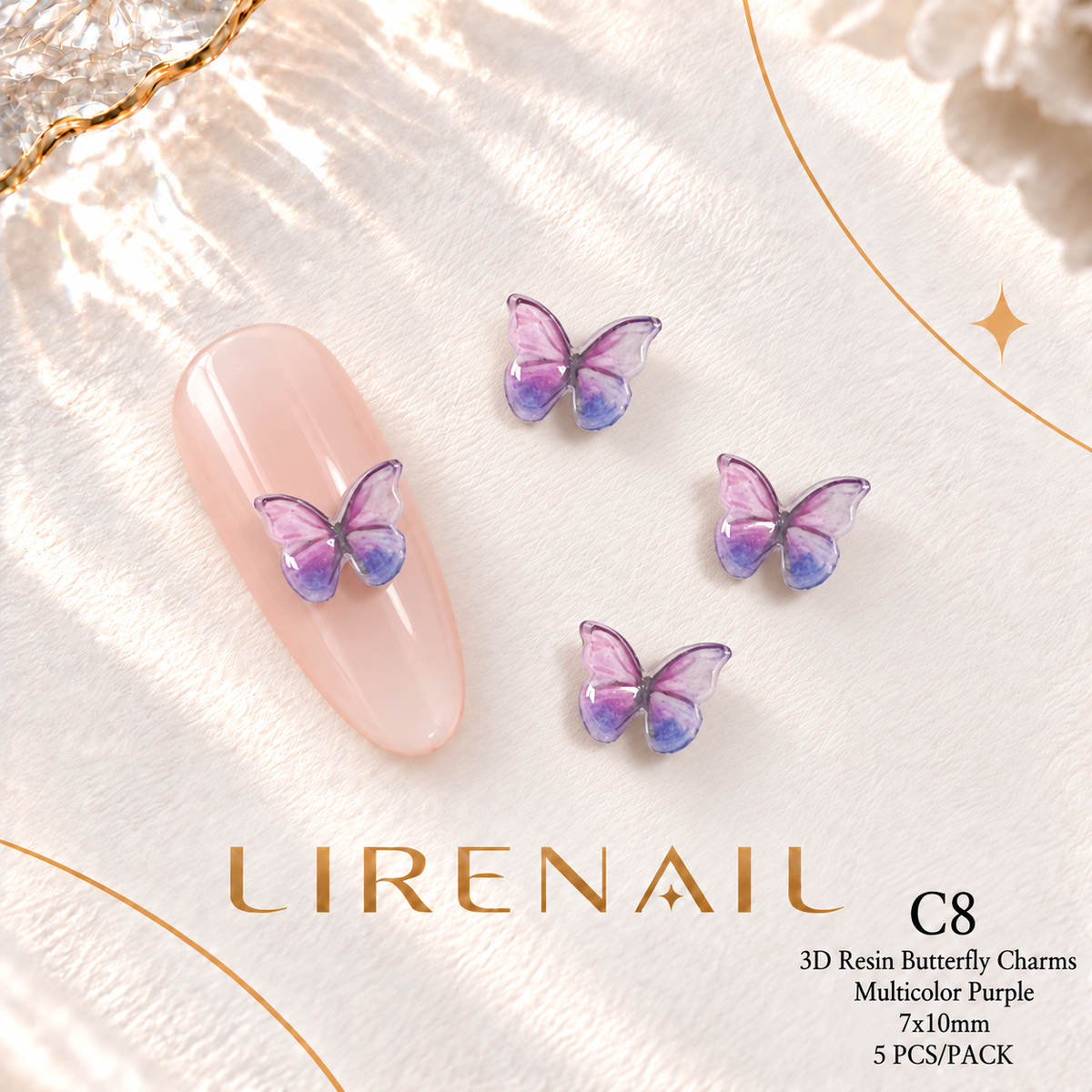 3D Resin Butterfly Nail Charms – Resin & Rhinestone Styles, 5 Pcs – 3D Resin – Multicolor Purple 7x10mm