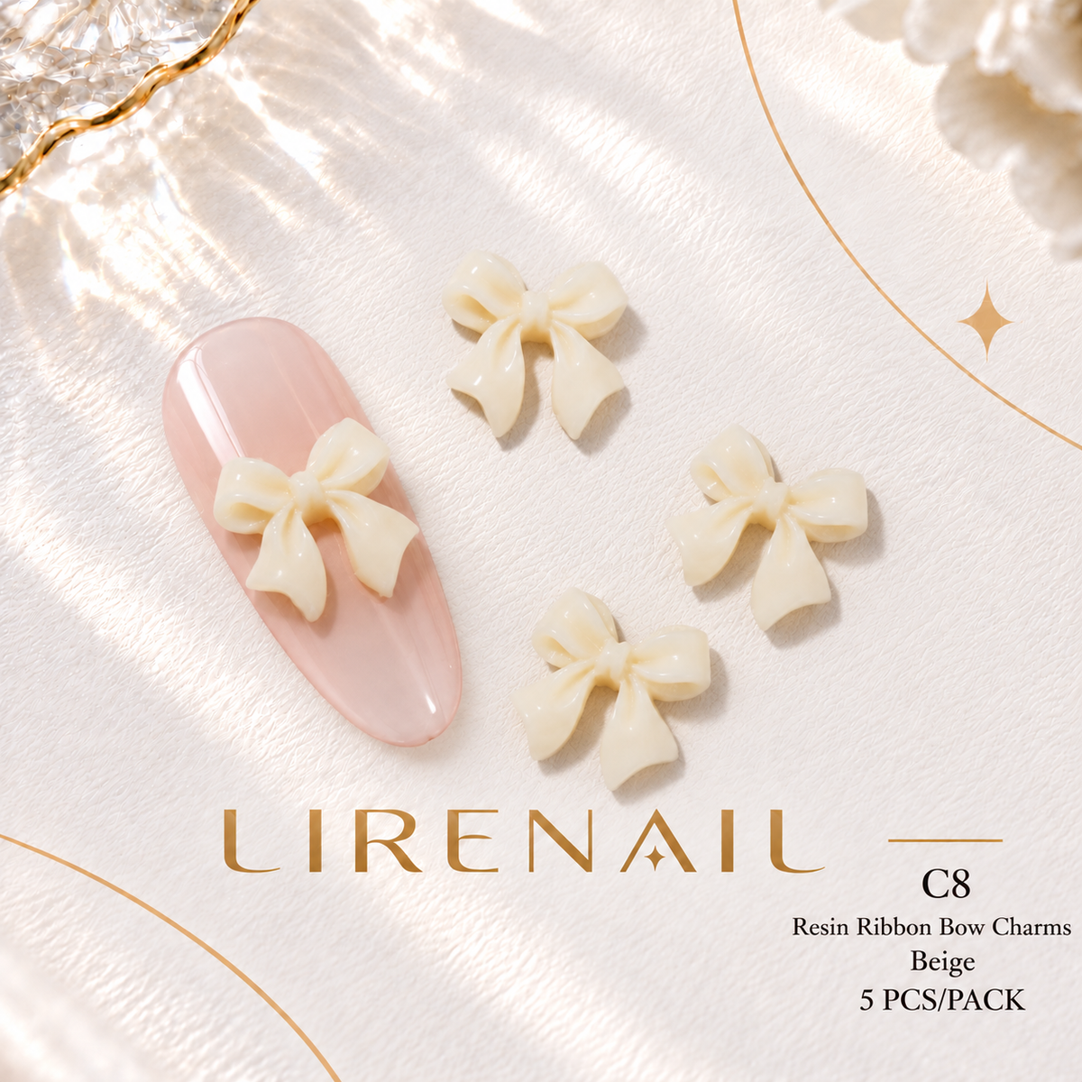 Resin Bow Nail Charms – Folded & Satin Ribbon Styles, 5 Pcs – Ribbon – Beige