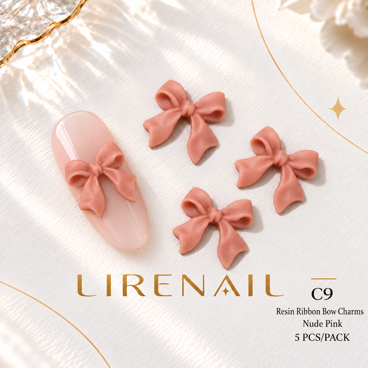 Resin Bow Nail Charms – Folded & Satin Ribbon Styles, 5 Pcs – Ribbon – Nude Pink