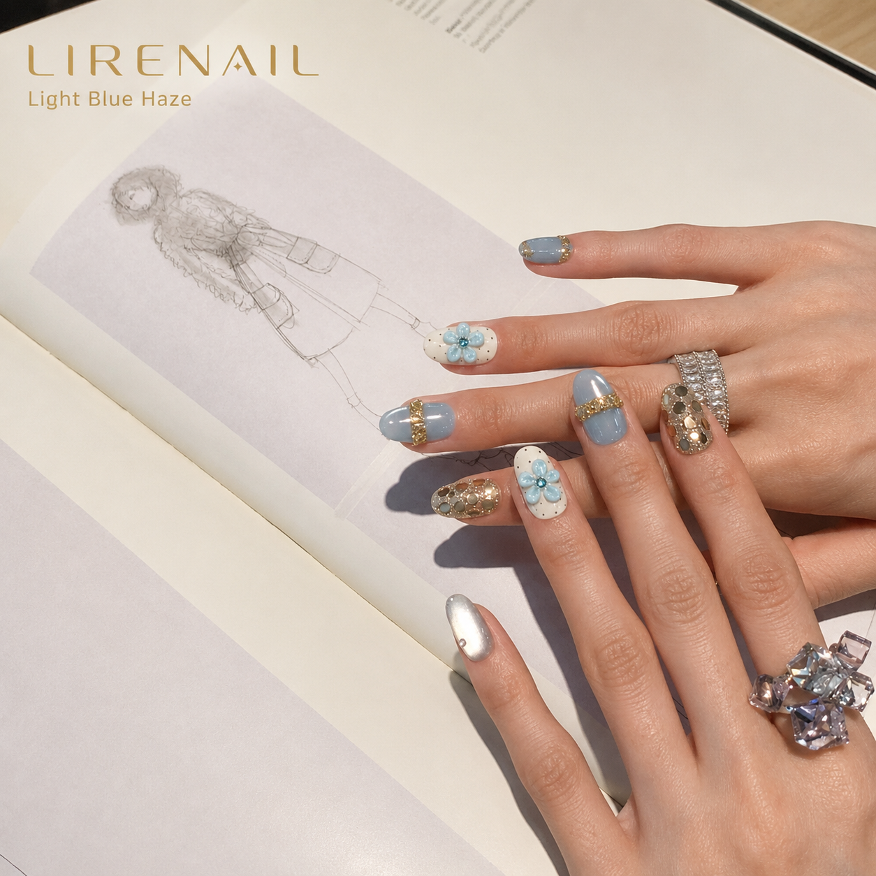 Light Blue Haze – Soft Blue Crystal Floral Press-On Nails