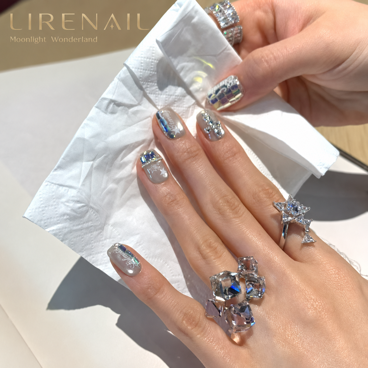 Moonlight Wonderland – Iridescent Crystal Cross Press-On Nails