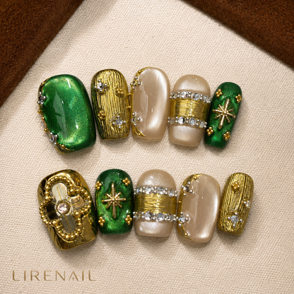 Emerald Empress – Green Gold Luxury Press-On Nails