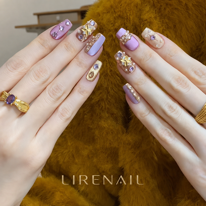 Lavender Garden – Purple Floral Jeweled Press-On Nails