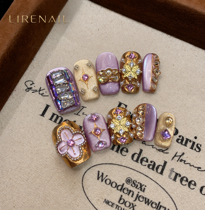 Lavender Garden – Purple Floral Jeweled Press-On Nails