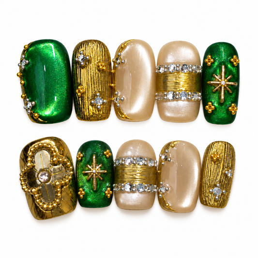 Emerald Empress – Green Gold Luxury Press-On Nails