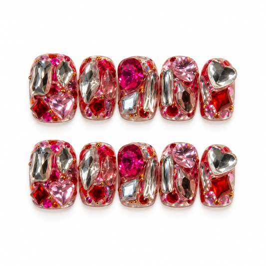 Ruby Aurora – Red Crystal Press-On Nails