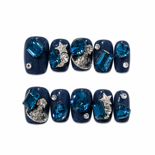 Midnight Tide – Navy Gem Press-On Nails