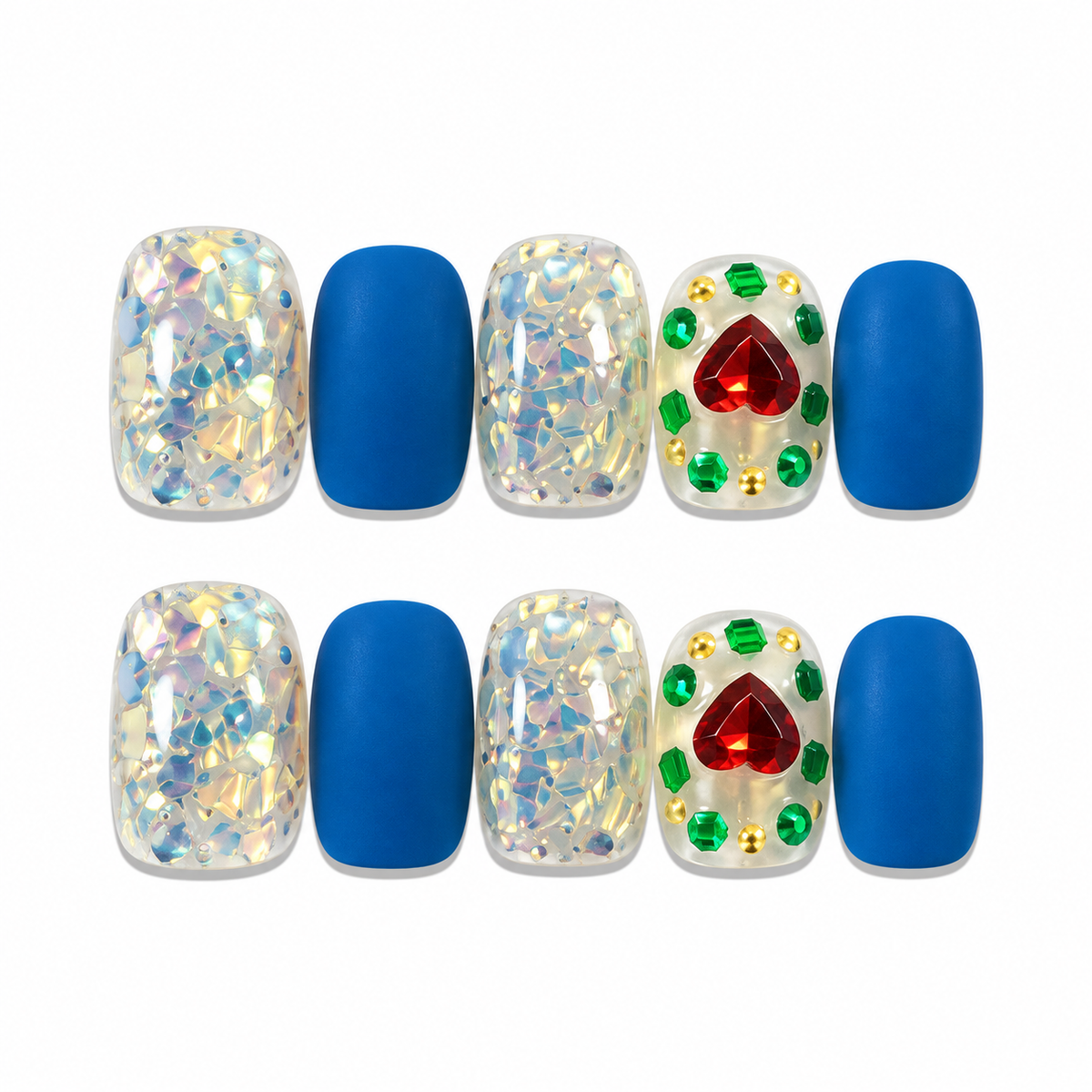 Monet Garden – Blue Matte Crystal Heart Press-On Nails