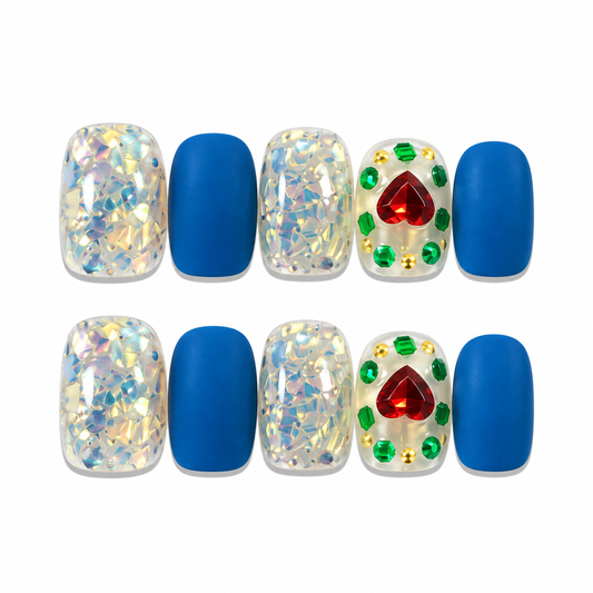 Monet Garden – Blue Matte Crystal Heart Press-On Nails