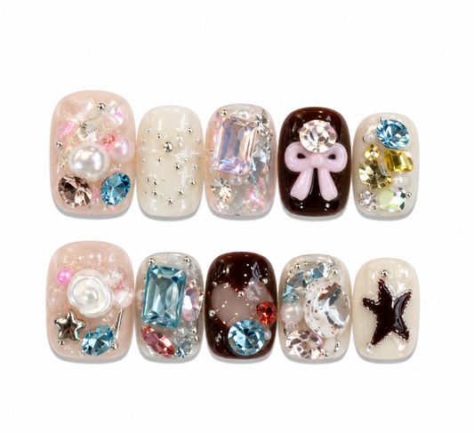 Mottled Art – Burgundy Crystal Bow Press-On Nails
