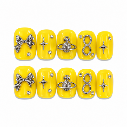 Risky Party – Yellow Crystal Bow Press-On Nails