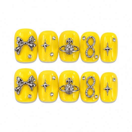 Risky Party – Yellow Crystal Bow Press-On Nails
