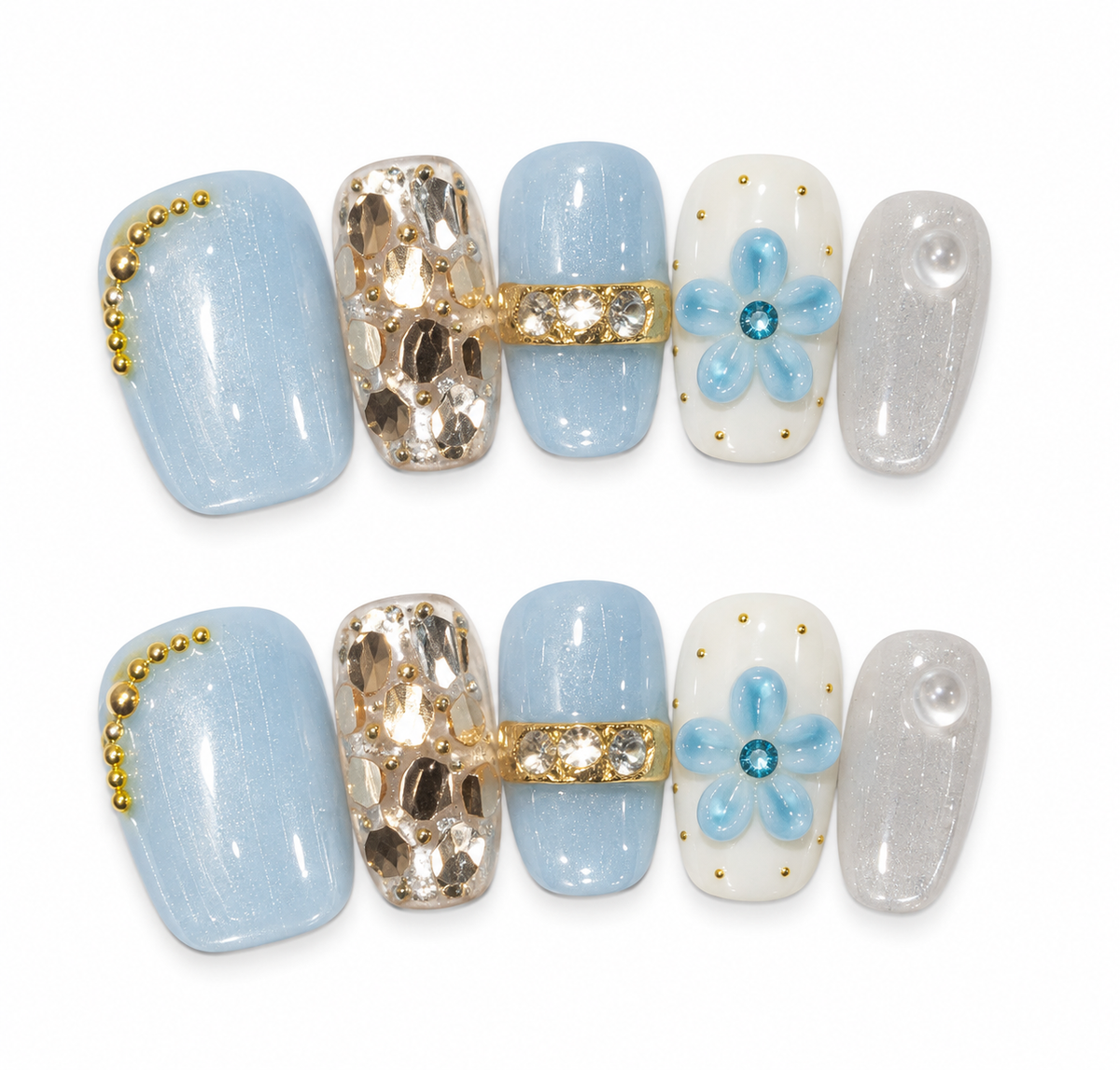 Light Blue Haze – Soft Blue Crystal Floral Press-On Nails