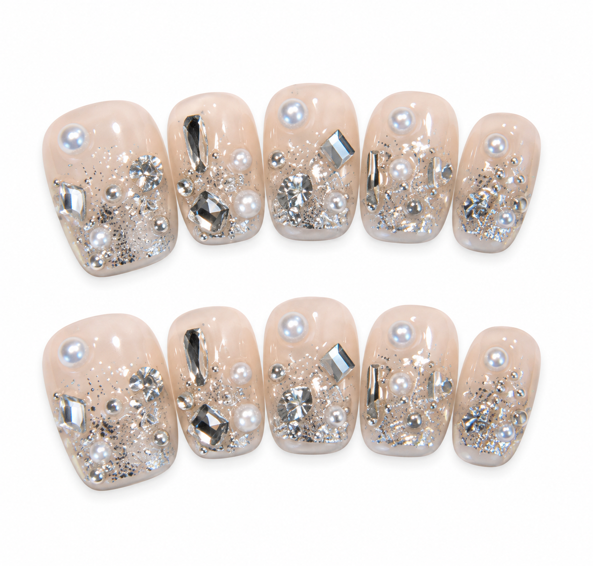 Moonlit Galaxy – Silver Crystal Pearl Press-On Nails