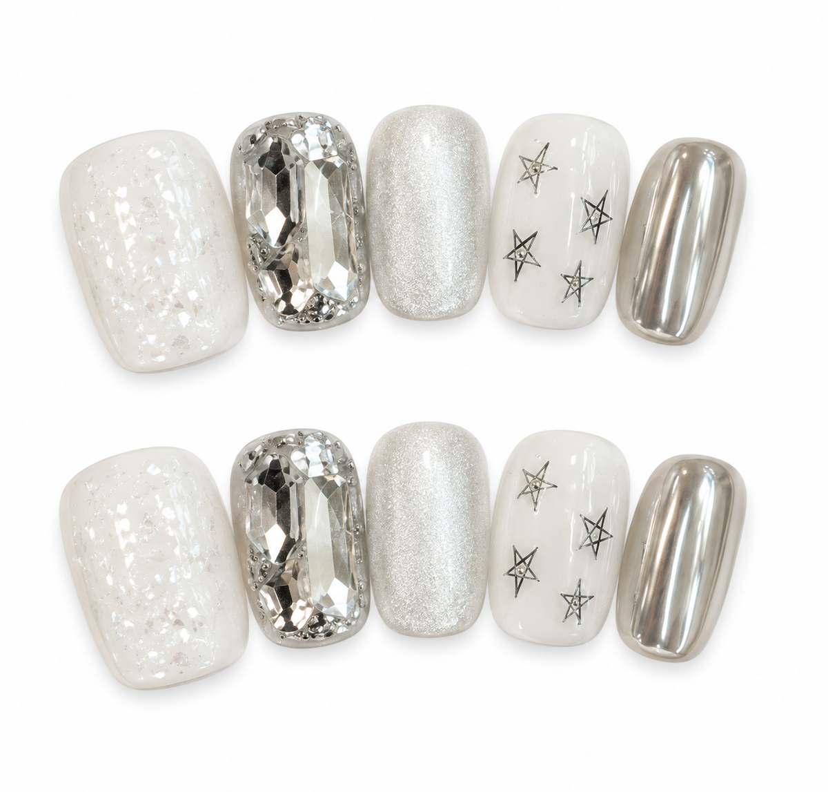 Silver Frost – Iridescent Crystal Star Press-On Nails