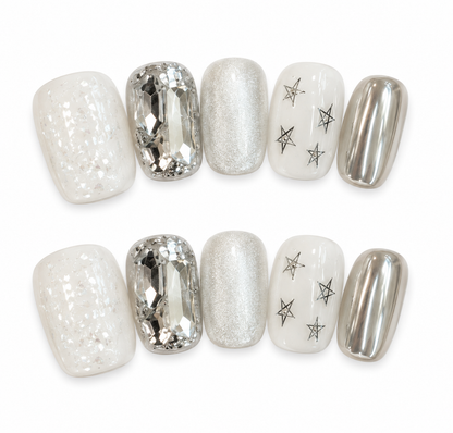 Silver Frost – Iridescent Crystal Star Press-On Nails