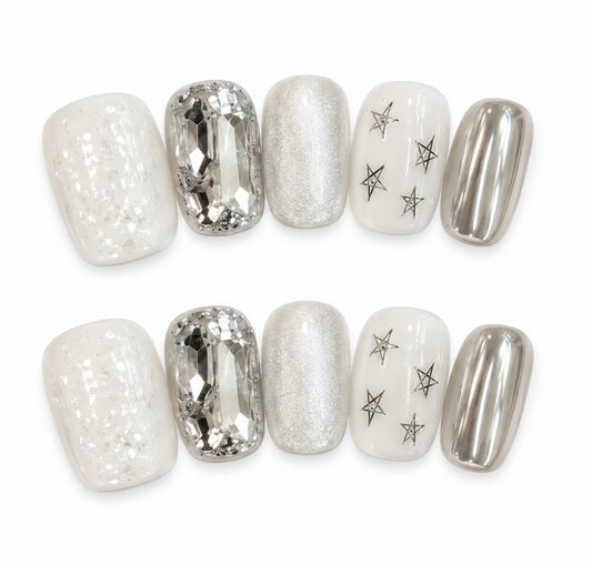 Silver Frost – Iridescent Crystal Star Press-On Nails