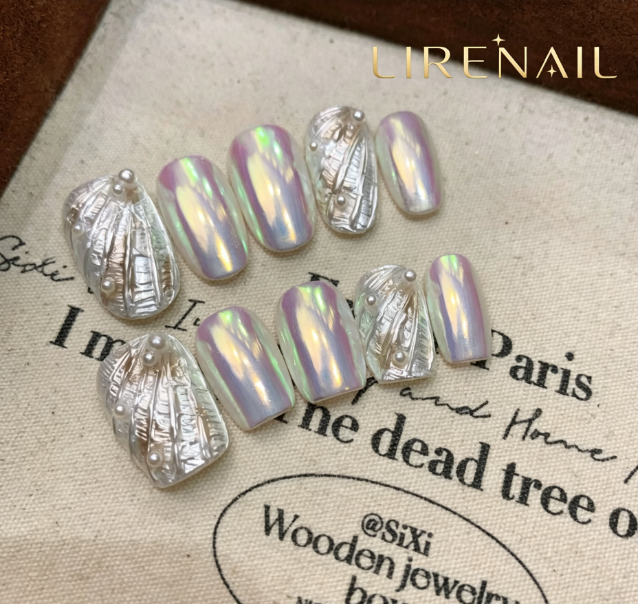 Iridescent Shell Glazed Press-On Nails