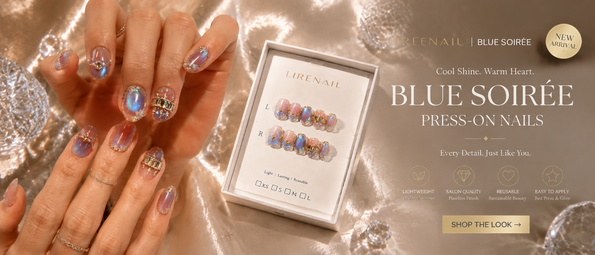 Blue Soirée press-on nails new arrival banner, iridescent blue-purple ombre design with Shop the Look button