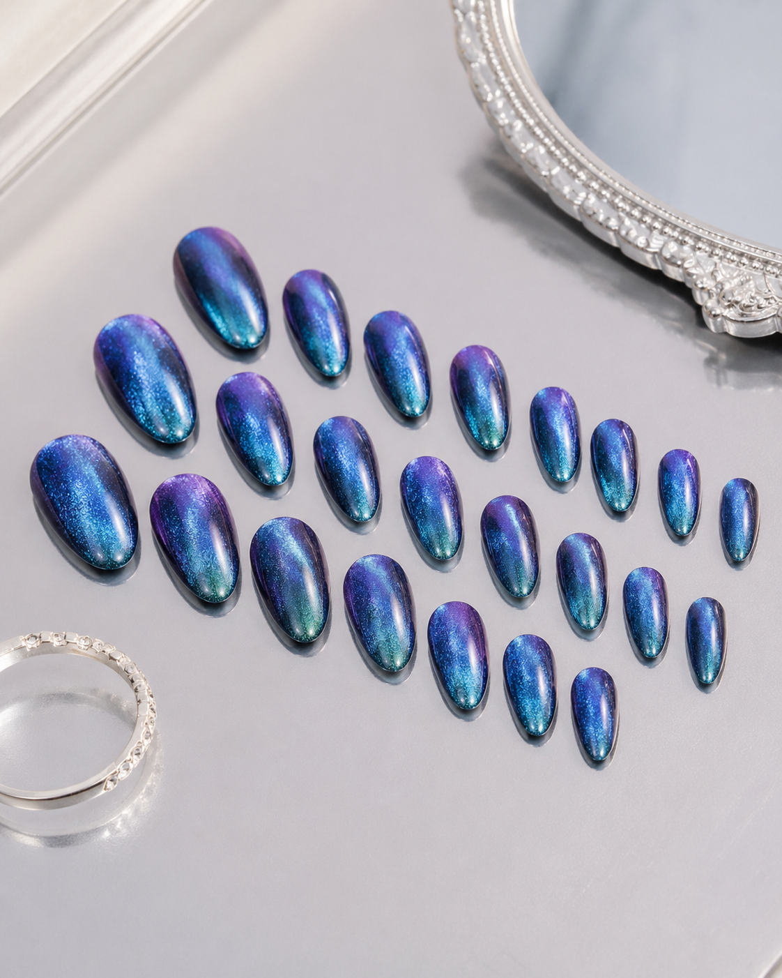 Aurora Blue Cat Eye almond press-on nail set with accessories