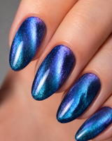 Aurora Blue Cat Eye almond press-on nails from the side