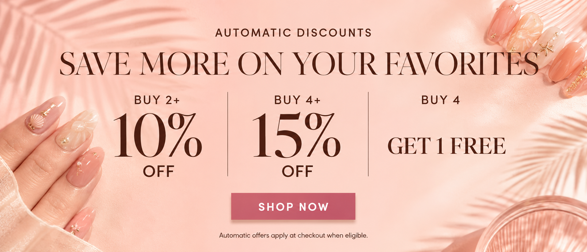 Automatic discount promotion banner with pearl-accented press-on nails and buy-more-save-more offer