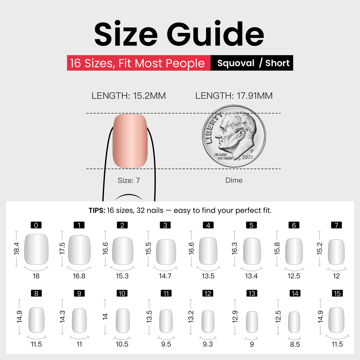 Bare Harmony short squoval press-on nail size guide