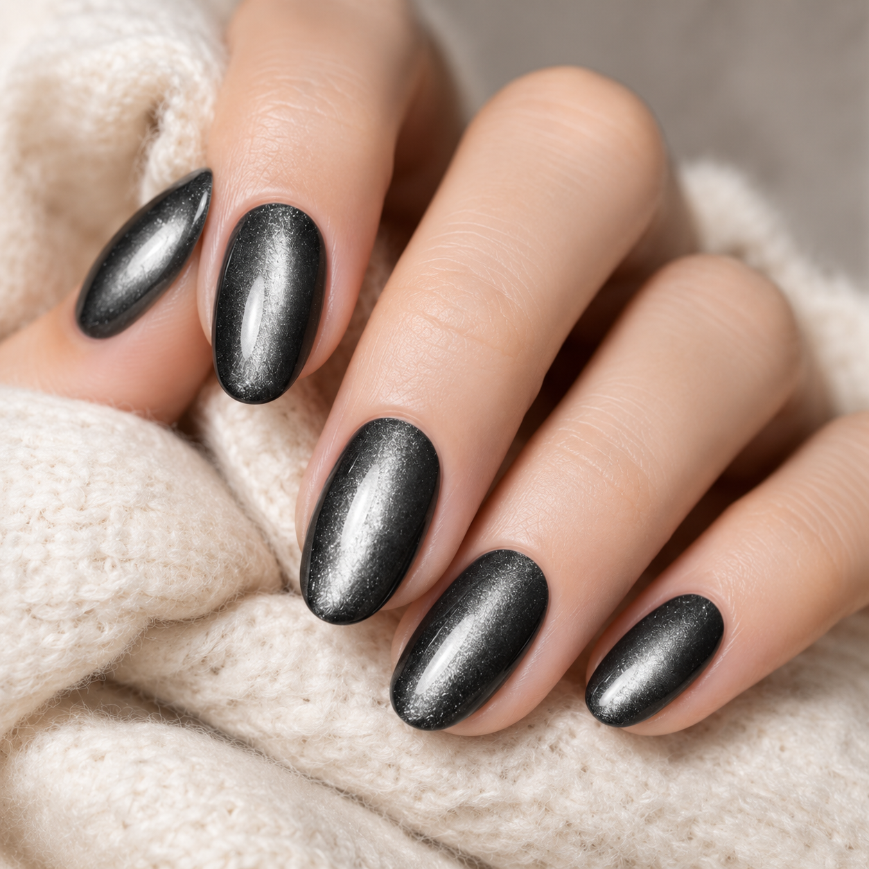 Black Cat Eye almond cat-eye nail detail
