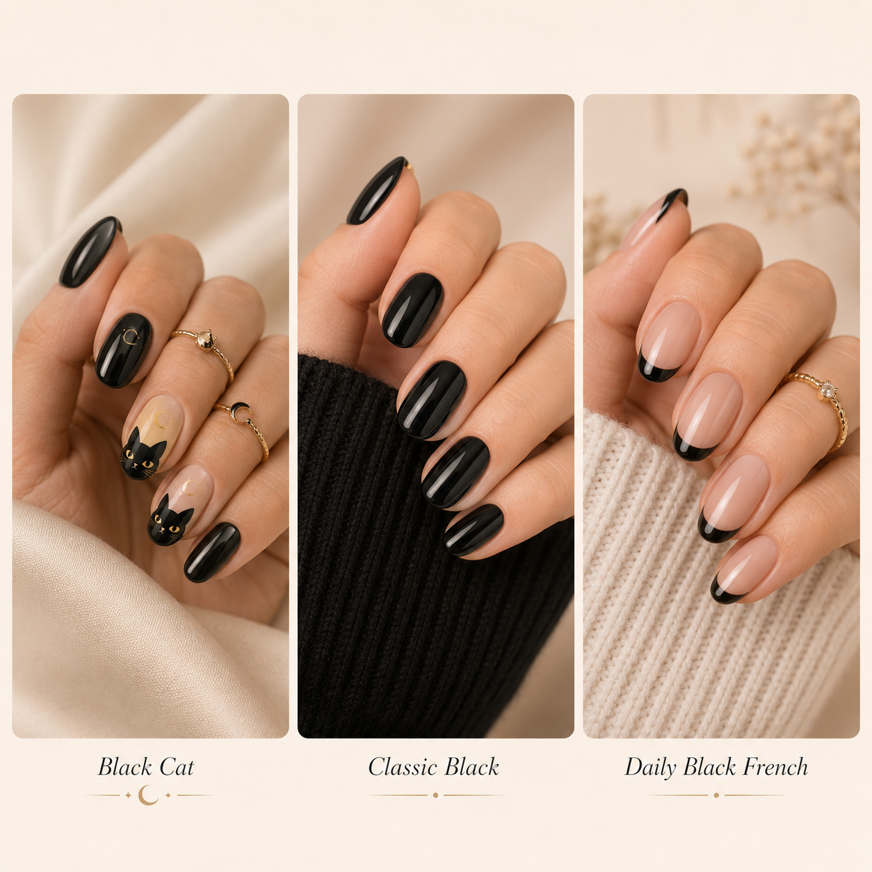 Black Oval Short press-on nails by Lirenail - detail view