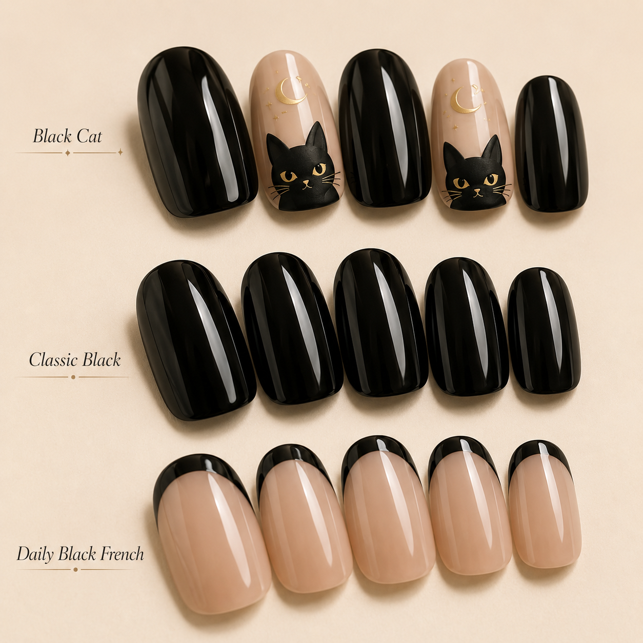 Black Oval Short press-on nails by Lirenail - package