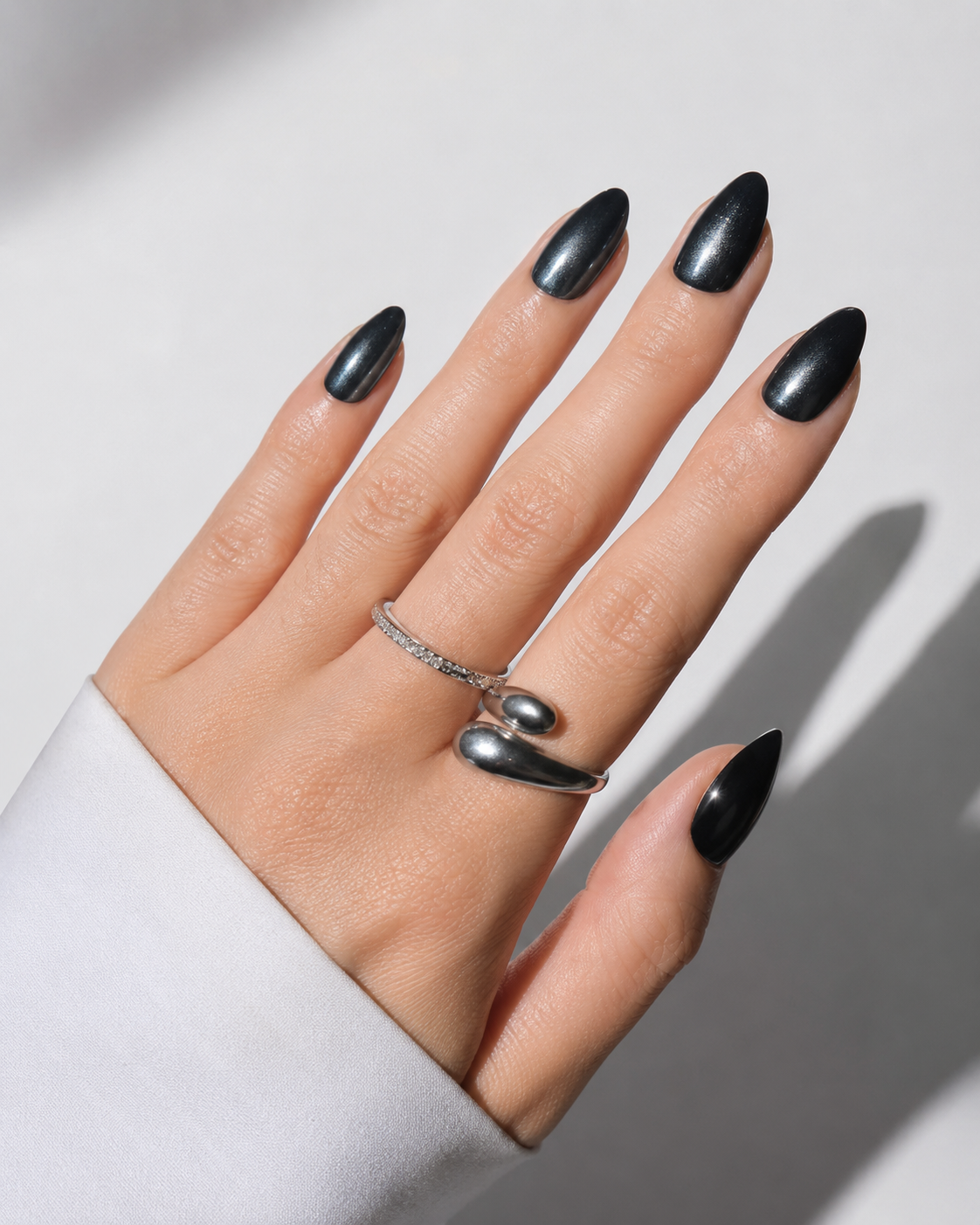 Black Almond Long press-on nails by Lirenail - front view