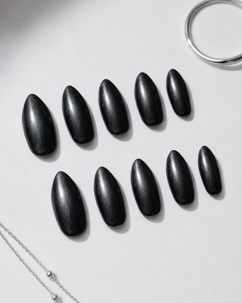 Black Almond Long press-on nails by Lirenail - detail view