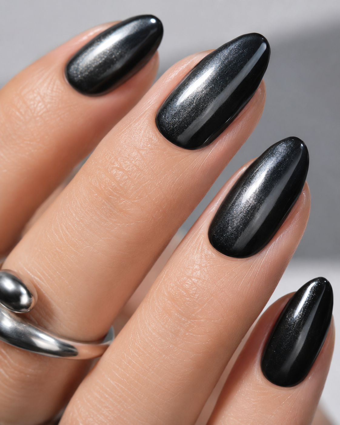 Black Almond Long press-on nails by Lirenail - wear effect