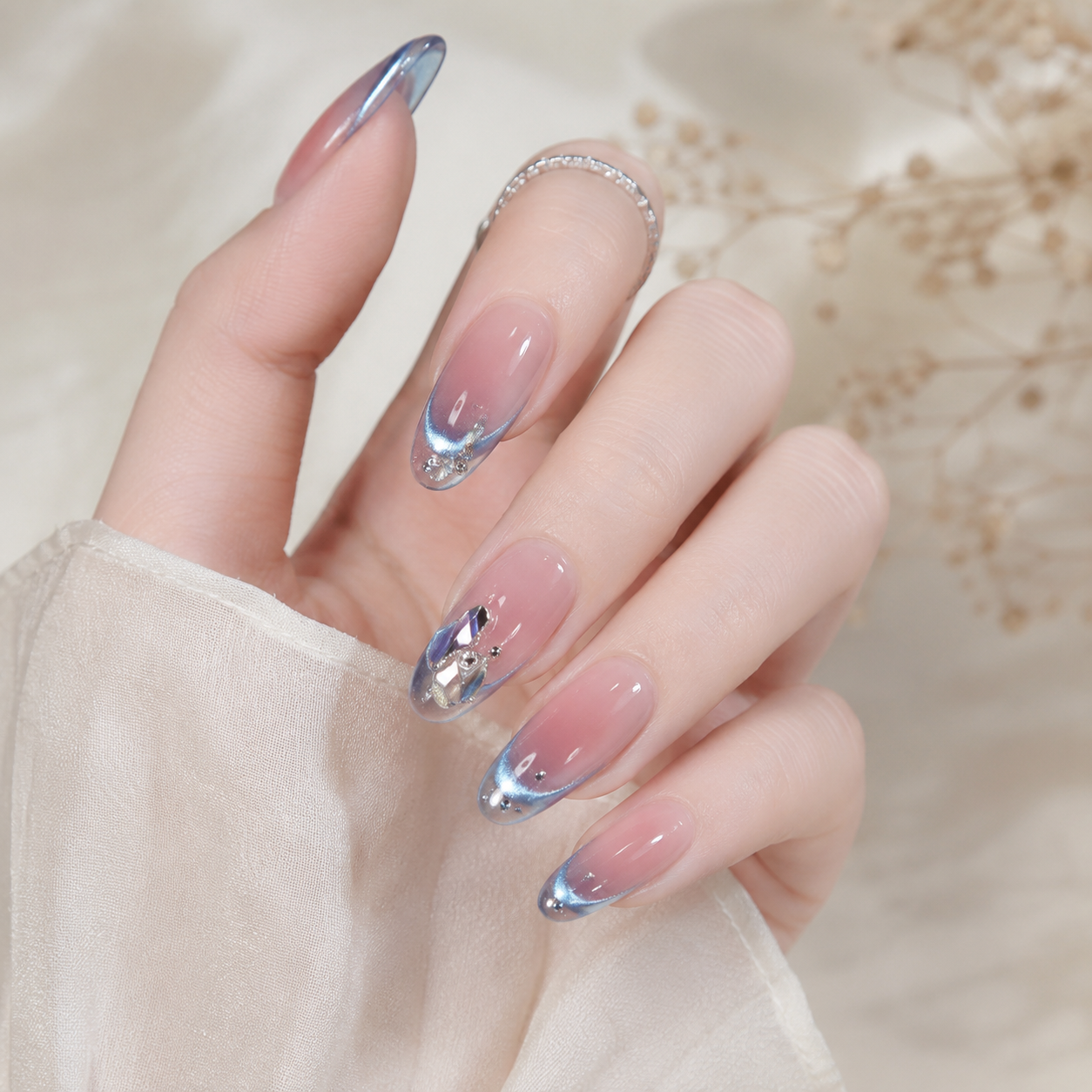 Blue Aura French long almond nail detail
