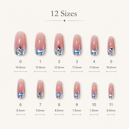 Blue Aura French long almond press-on nail size guide