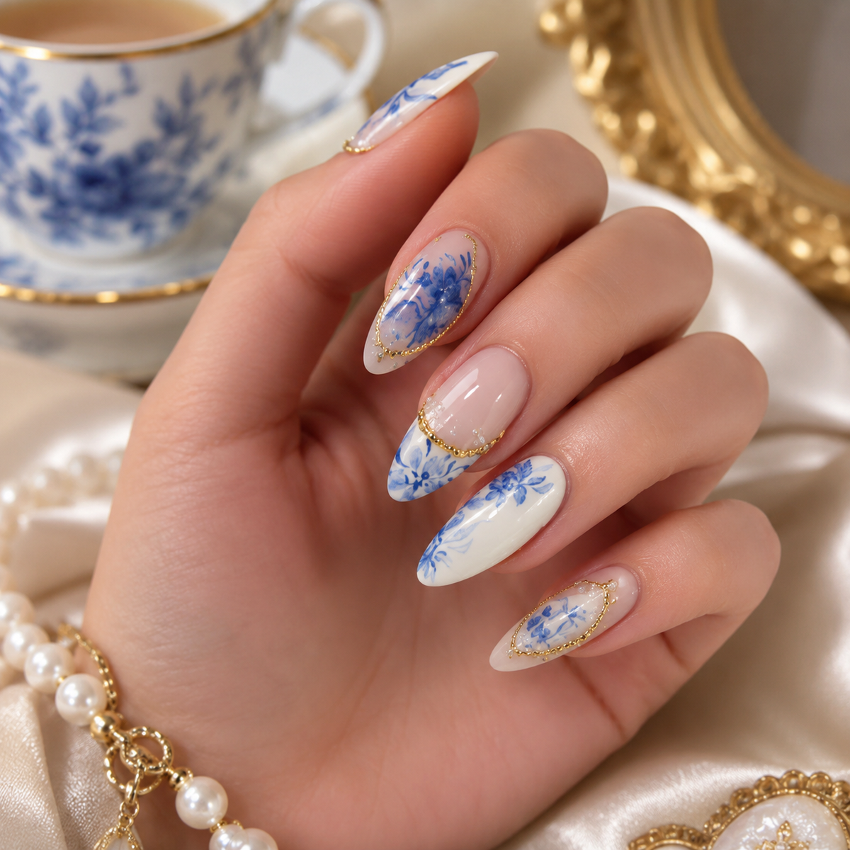 Blue Porcelain Floral Press-On Nails front view