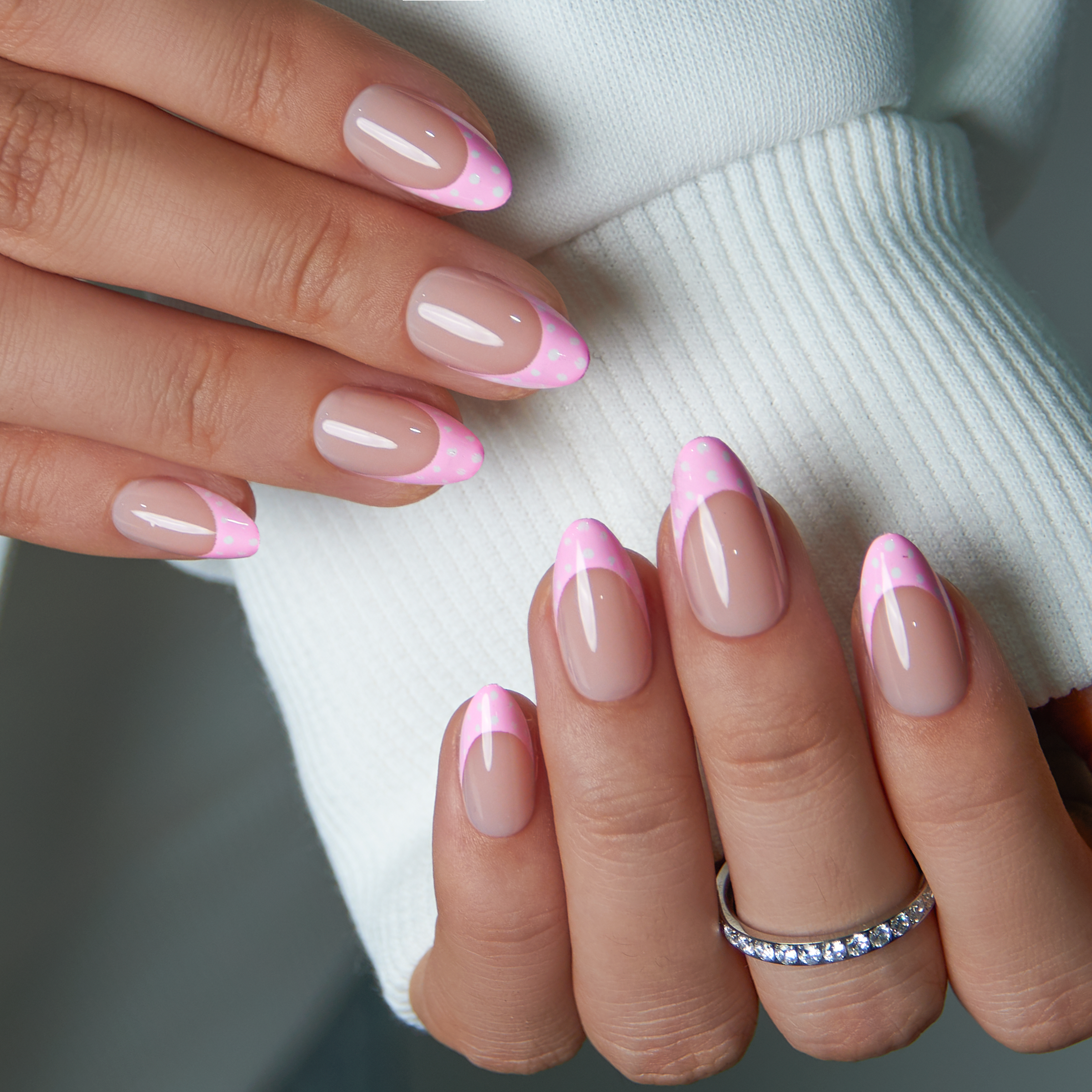 Blush Dot French short almond nail detail