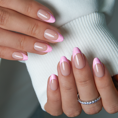 Blush Dot French short almond nail detail